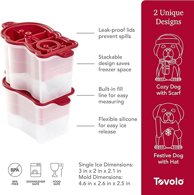 Tovolo Dog Ice Cube Mold Holiday Pup Shaped Sphere Ice Molds Set of 2 Festive Christmas Stocking Stuffer for Adults, Large Slow Melting Dishwasher Safe Silicone Holiday Ice Cube Molds