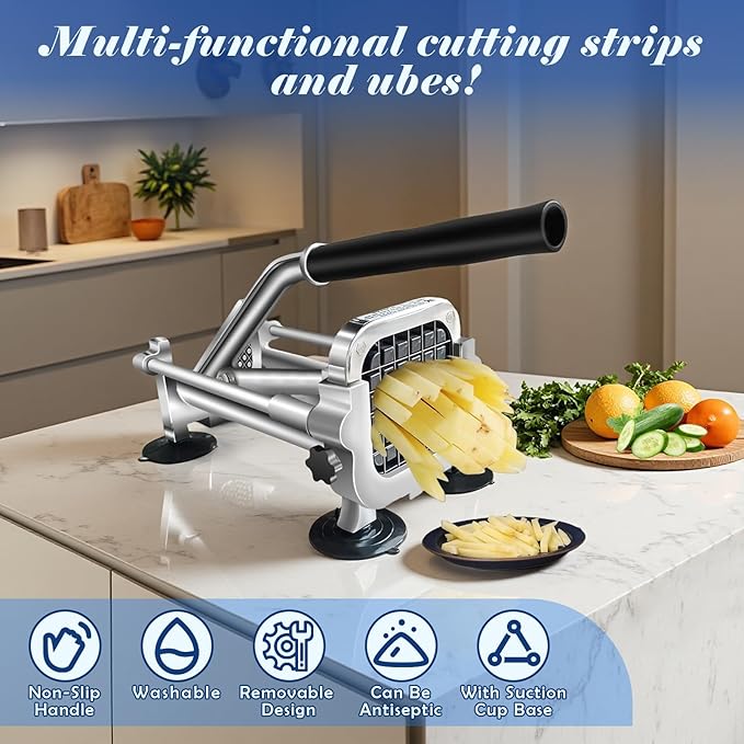 1/4 In Blade French Fry Cutter, Efortless Commercial Vegetable Chopper, Anti-slip Potato Cutter, Heavy Duty Potato Slicer, Stainless Steel Easy Clean Manual Cutter for Tomatoes Peppers Mushrooms