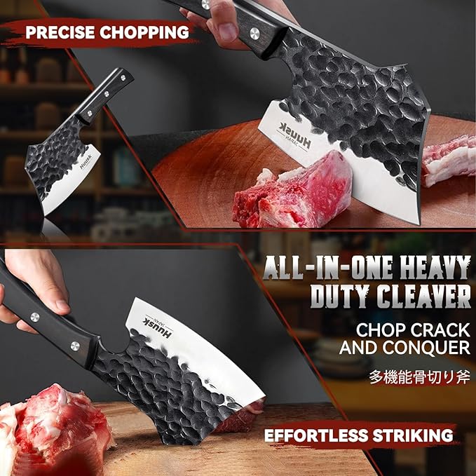 Huusk Meat Cleaver Knife Heavy Duty Bone Chopper, Hand Forged Kitchen Axe with Sheath, Full Tang Bone Chopping Knife, Japanese Butcher Knife for Meat Cutting, Kitchen Father Gift Idea Men