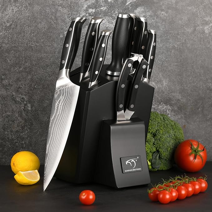 Damascus Kitchen Knife Set with Block – Razor Sharp 67-Layer VG10 Steel, Triple Rivet Handles, Chef, Santoku, Utility, Bread & Paring Knives, Sharpener, Shears, Black, 9PCS