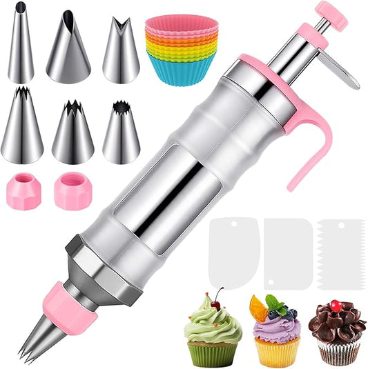 Dessert Decorating Syringe Set, Icing Piping Kit Stainless Steels Cake Decorating Tools with 6 Piping Tips & 9 Silicone Cupcakes & 3 Cream Scrapers, Cake Decorating Kit Frosting Piping Kit