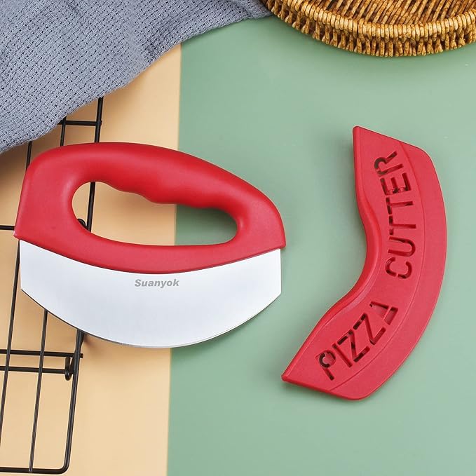 Premium Pizza Cutter Food Chopper-Super Sharp Blade Stainless Steel Pizza Cutter Rocker Slicer with Protective Sheath Multi Function Pizza Knife Kitchen Tools,Dishwasher Safe (Red)
