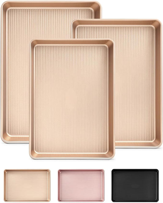SAKER 3 Pack Nonstick Baking Sheet Set, Carbon Steel Cookie Pan with Cooling Rack, Even Heat Distribution & Warp-Resistant for Oven Baking, Roasting & Cooking (Champagne Gold)