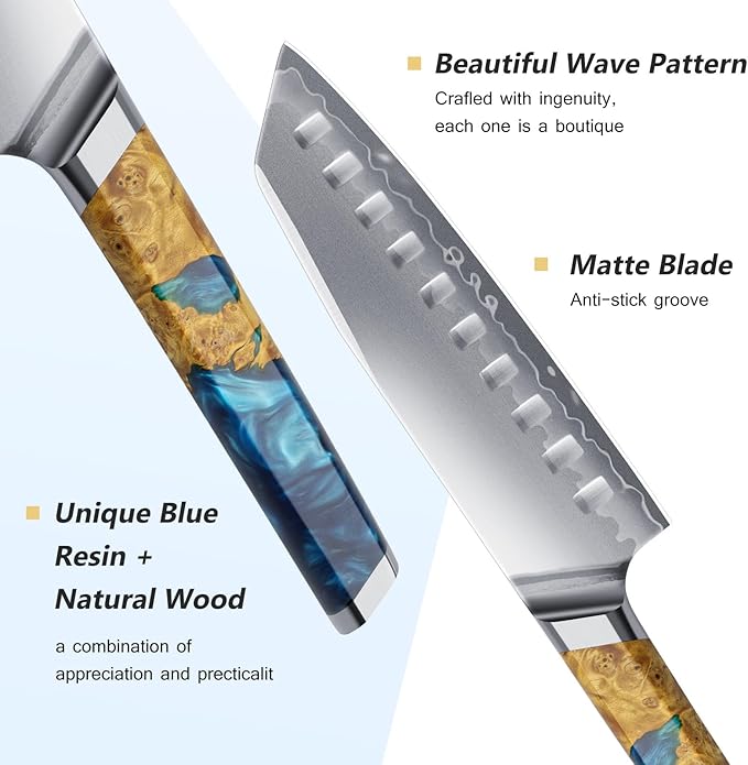 FINTISO Santoku Knife 7 inch Kitchen Knife S35VN Powder Steel Core for Meats Vegetables, 7-Layers Clad Steel Japanese Chef Knife Super Sharp Chopping Knife with Celestial Resin & Wood Handle Best Gift