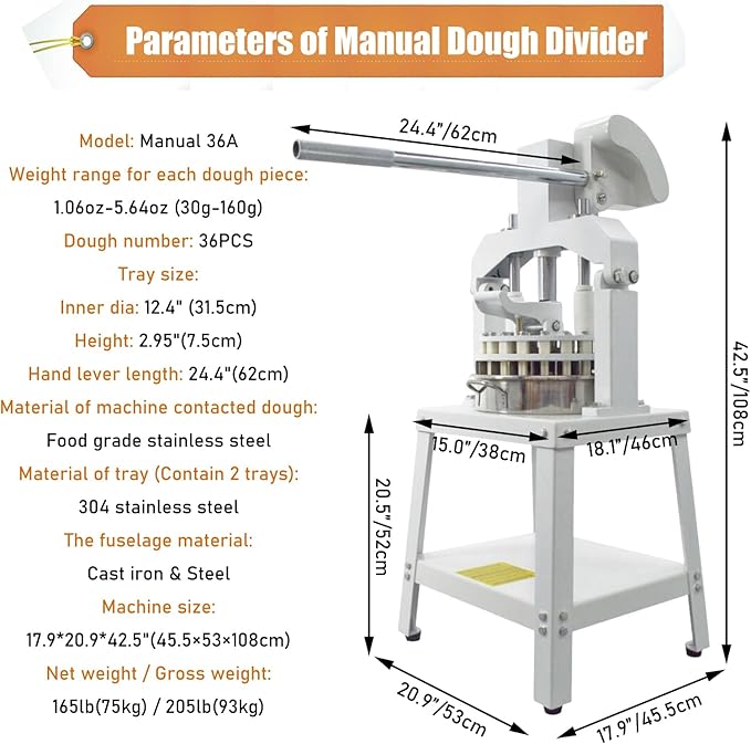Commercial Dough Divider 36PCS Dough Cutting Machine 1.06oz-5.64oz Manual Dough Dividing Machine with 30-160g Dough Weight Range for Baking, 36PCS