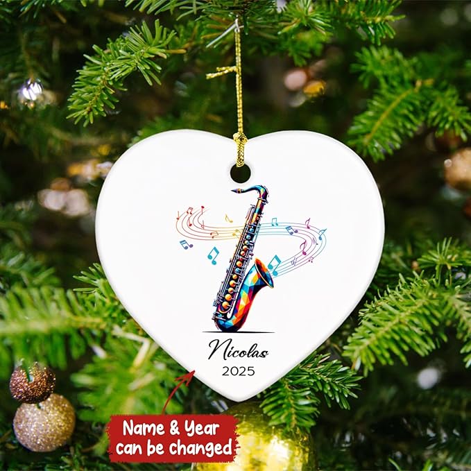 Saxophone Lovers Ceramic Ornament 2025, Personalized Saxophone Christmas Ornaments Gifts for Saxophonist, Musical Instrument Player Ceramic Ornament Xmas, Custom Name & Year Saxophonist Decoration