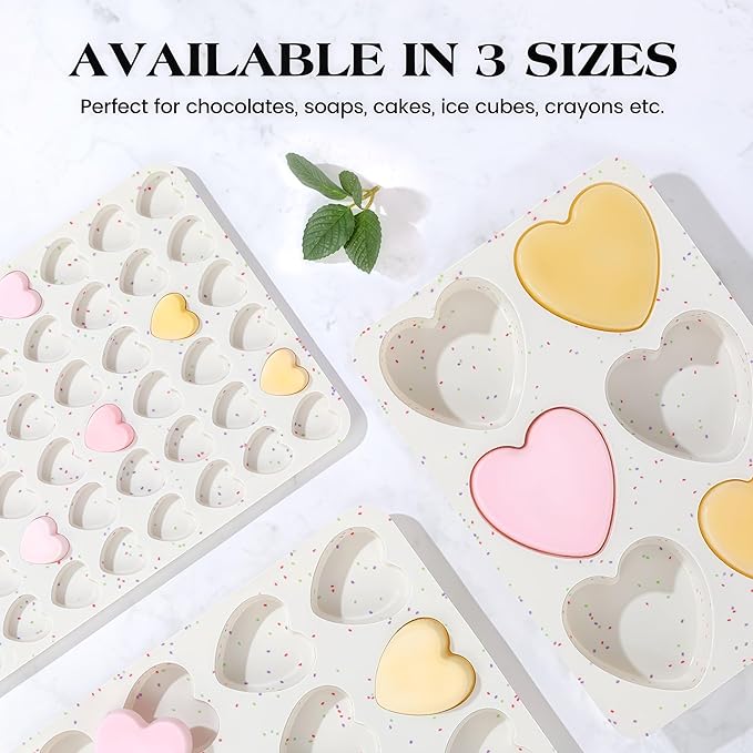 3 Inch Large Heart Shaped Silicone Molds for Chocolate, Candy, Cake, Soap (Set of 2, Cream)