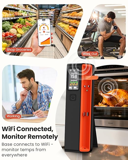Wireless Bluetooth Smart Meat Thermometer: ±0.5°F Precision, 1 Probe with 6 Sensors - WiFi Thermometer NIST Certified Accuracy, LED Smart Base, Long-Range for BBQ, Oven, Smoker, Rotisserie