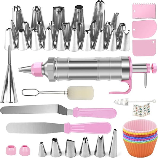 Dessert Decorating Syringe Set, Icing Piping Kit Stainless Steels Cake Decorating Tools 30 Piping Icing Nozzles Cupcake Decorating Kit - Pink