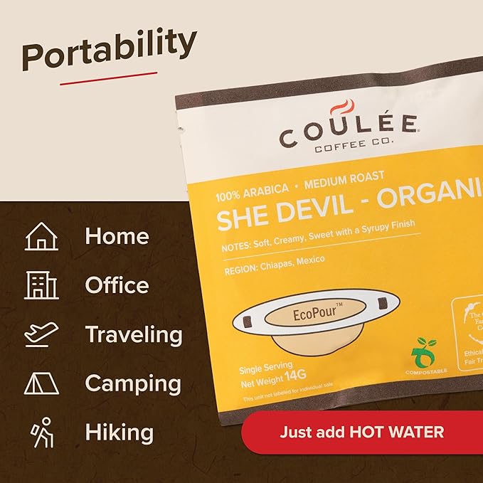 Coulée EcoPour She Devil Coffee, Single Serve Arabic Coffee, Medium Roast, Use for Camping or Traveling, Pre Filled Compostable Filters, Ready to Brew with Hot Water, 10 Pack