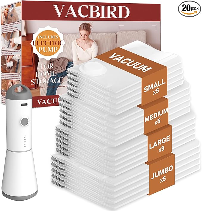 Vacuum Seal Bags for Clothing, 20 Pack Vacuum Storage Bags with Rechargeable Cordless Air Pump(5J+5L+5M+5S), Space Saver Bags for Clothes Blanket Duvets Pillows Comforters Travel