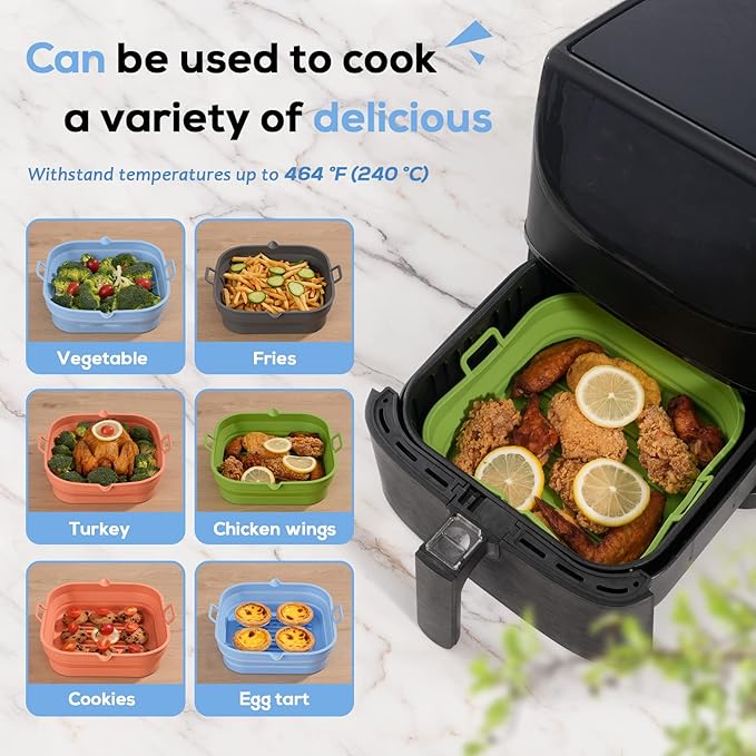 Silicone Air Fryer Liners - Square Reusable Airfryer Basket - Easy to Clean Air Fryers Silicone Pot for 5.8 to 8 Qt Air Fryer Baking Tray Oven Accessories, 8.5 Inch Large