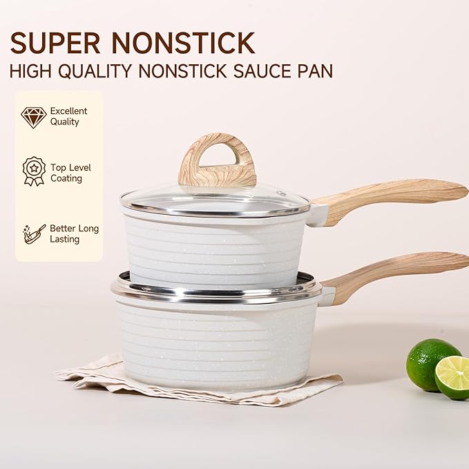 JEETEE 2.5 Quart Sauce Pan with Lid, Non Stick Small Pot with German Granite Coating, Masterclass Cookware Sauce Pot for Cooking, PFOA/PFOS Free(Beige)