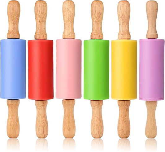 Mini Silicone Rolling Pin for Kids, Non-stick Surface Wood Handle, 9 Inch 6 Pack