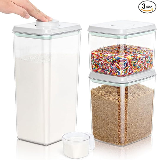 TBMax Flour Sugar Storage Container 3Pack 1.26+2.11+3.48 Quart, Airtight Food Storage Containers with Pop Up Lid & Measuring Scoop for Kitchen Pantry Organization