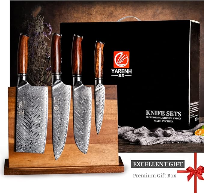 YARENH Knife Set with Magnetic Block 5 Piece, Professional Kitchen Knife Set, 73 Layers Damascus High Carbon Stainless Steel, Natural Sandalwood Handle, Sharp Chef Knife