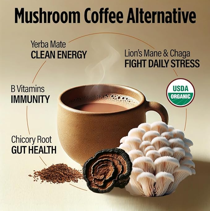 VitaCup Mushroom Coffee Alternative Instant Drink Mix | Mushroom Coffee Substitute for Natural Energy & Focus | Lion’s Mane, Yerba Mate, & Chaga | Cacao, Cinnamon, & B Vitamins | 3 Bags, 90 Servings