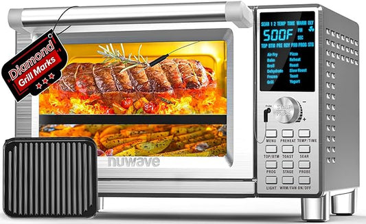 NUWAVE Bravo XL Air Fryer Convection Toaster Oven Countertop, 112-in-1 Smart Grill Combo with Original Flavors & Marks, Adjustable Heating Zones for Pizza, Roast, Bake, 50-500°F, Stainless Steel, 30QT