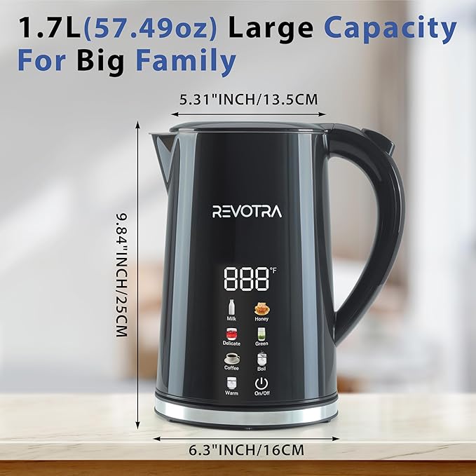 1.7L Electric Kettle, Stainless Steel Interior, 1500 Watt, Fast Boiling Water Boiler, LED Display, Temperature Control, Keep Warm, Auto Shut-Off, Boil-Dry Protection, Double Wall Cool Touch, Cordless