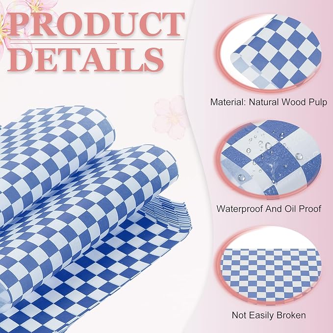 PATIKIL 8.7" x 8.7" Waxed Paper Sheets, 100Pcs Square Pattern Oil-absorbing Dry Food Wrapping Paper for Bakery Coffee Shop Home Baking Kitchen DIY, Blue