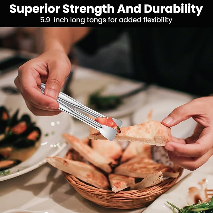 CHENGU 12 Pack Stainless Steel Kitchen Tongs 5/6/7 Inches Food Serving Clip Kitchen Cooking Tongs High Heat Resistant Clips for Cooking Non Stick Grill Salad (Black and Silver, Regular)