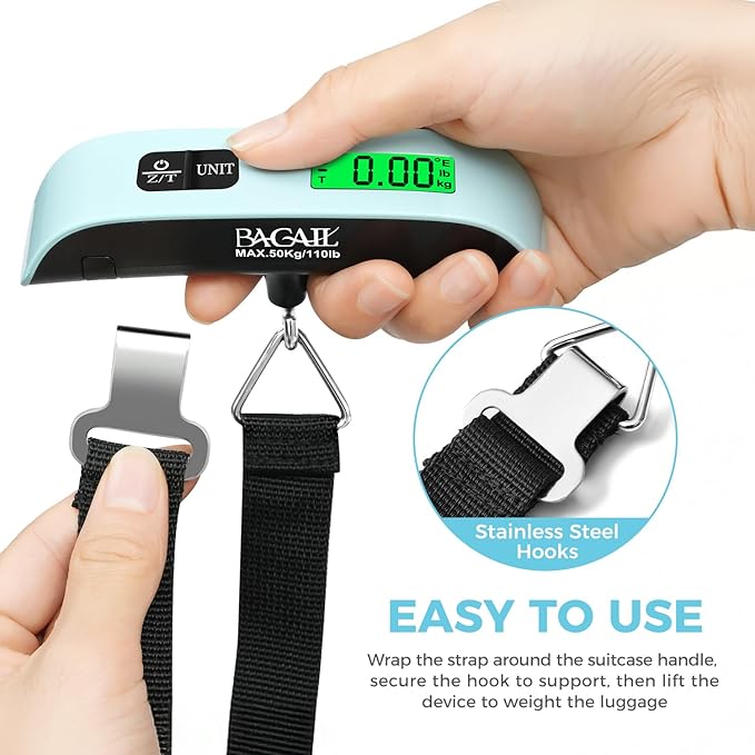 BAGAIL Digital Luggage Scale, 110lbs Hanging Baggage Scale with Backlit LCD Display, Portable Suitcase Weighing Scale, Travel Luggage Weight Scale with Hook, Strong Straps for Travelers