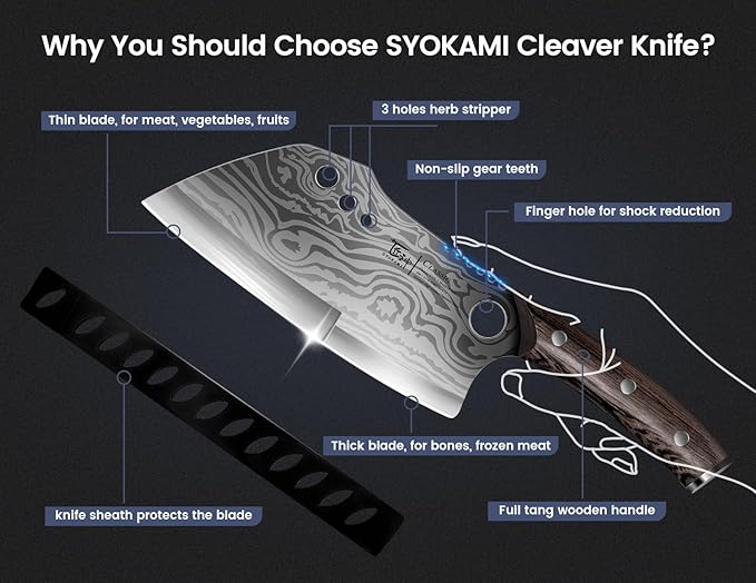 Meat Cleaver Chef Knife with Sheath, 7.7 Inch Butcher Knife with Herb Stripper, Chopping Knife Heavy Duty Bone Cutting, Damascus Pattern Full Tang Wood Handle, Birthday Gift for Men