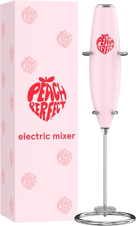 Peach Perfect Milk Frother Handheld, Electric Drink Mixer for Coffee, Lattes, Powdered Supplements, Battery Operated (AA) Stainless Steel Frother Wand, 300W, Easy On/Off Switch, Stand Included, Pink