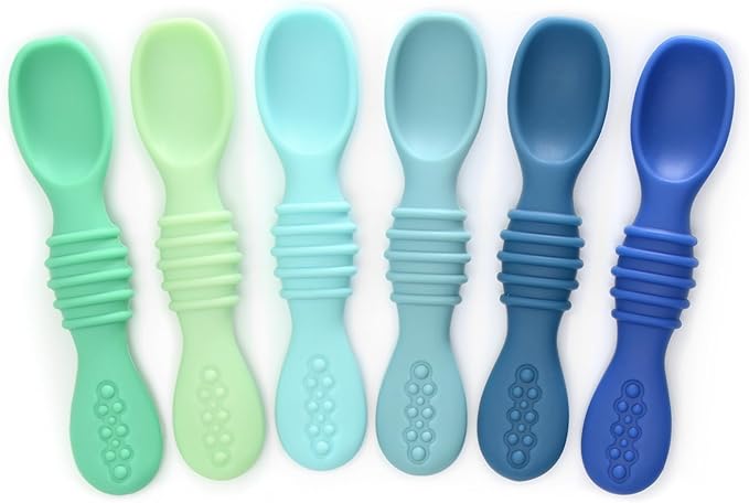 PrimaStella Silicone Chew Spoon Set for Babies and Toddlers - Safety Tested - BPA Free - Microwave, Dishwasher and Freezer Safe - Seaside Palette