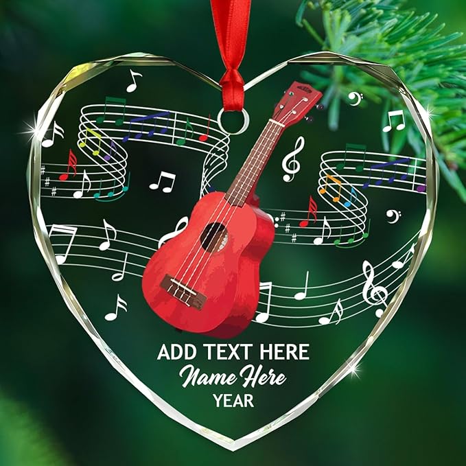 Personalized Ukulele Instrument Glass Christmas Ornament, Customized Text Year Name Keepsake Xmas Ornaments Gift for Ukulele Player/Lover, Ukuleles Musical Instrument Glass Ornament for Appreciation