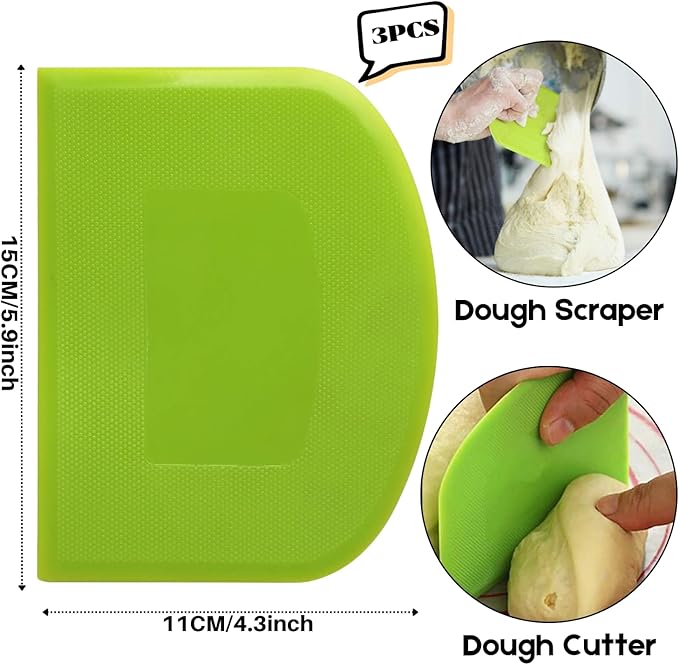 SURDOCA Dough Scraper Bench Scraper - 3P 5.9x4.3" Plastic Flexible Bowl Scraper, Sharp Edge & Angles Cake Scraper. Non-Slip Bakeware Decorating Tools Sculpting & Modeling Tools - White+Yellow+Green