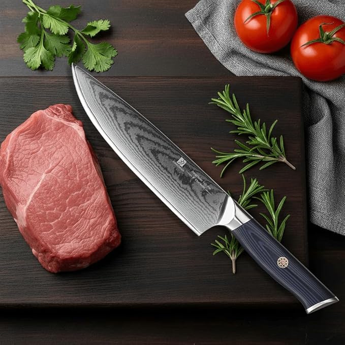 Chef Knife,8inch Damascus knife,67-Layer High Carbon Stainless Steel Kitchen Knife,Professiona Sharp Cutting Knives with Ergonomic G10 Blue Black Handle,Gift Box for Home and Kitchen Birthday Gift