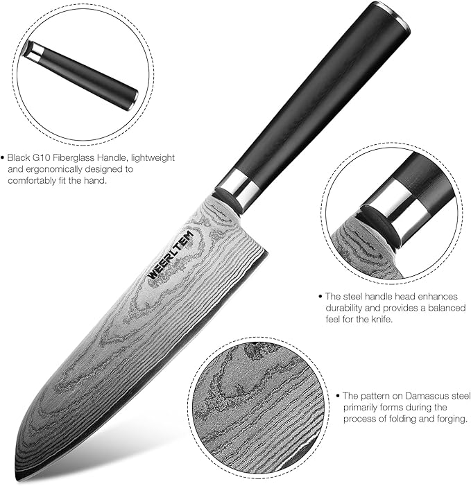 Japanese Damascus Santoku Chef Knife 7''（Mirror finish blade）, 67-Layer VG10 Damascus steel & Black G10 Handle for Cooking Kitchen (Gift Box)