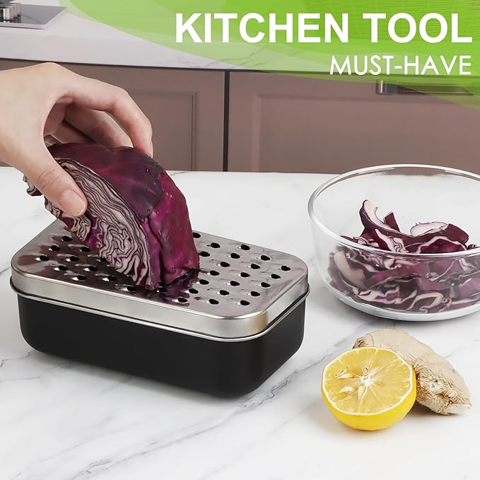 Cheese Grater Citrus Lemon Zester with Food Storage Container & Lid - Perfect For Hard Parmesan Or Soft Cheddar Cheeses, Ginger, Vegetables, Butter, Chocolate & Nutmeg, Black