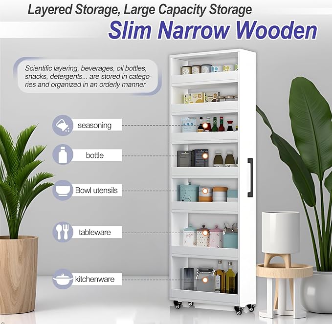 7-Tier Slim Storage Cart, Wooden Rolling Pantry Cabinet with Wheels, Narrow Shelf Organizer for Kitchen, Bakers Rack, Dining Room, Closet, Small Spaces Dark Walnut 47.2" H*9.8" W*23.6" D