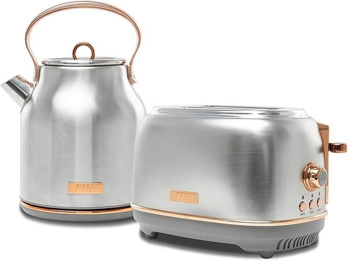 Haden Heritage 4 Slice Wide Slot Stainless Steel Toaster Bundled with 1.7 Liter Stainless Steel Electric Water Kettle, Steel & Copper