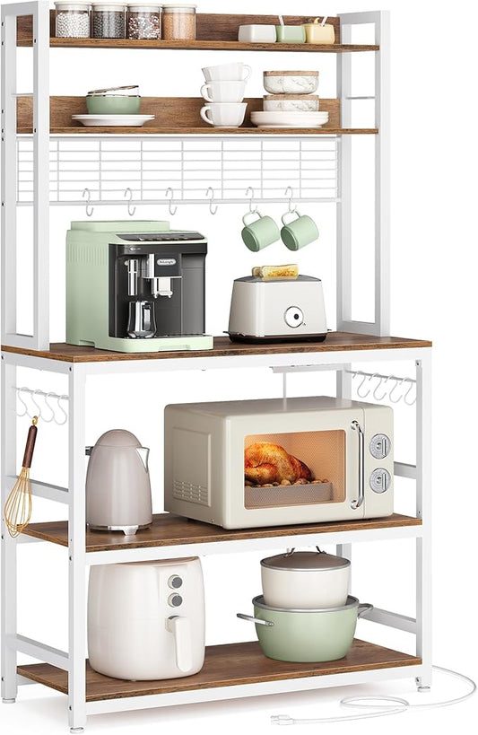 VASAGLE Hutch Bakers Rack with Power Outlet, 14 Hooks Microwave Stand, Adjustable Coffee Bar with Metal Wire Panel, Kitchen Storage Shelf, 15.7 x 31.5 x 66.9 Inches, Rustic Walnut and White UKKS025W41
