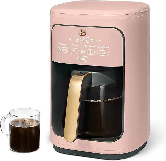 Beautiful by Drew Barrymore 14-Cup Programmable Drip Coffee Maker, Touch-Activated Display, Fast 14-Min Brew, Bold Strength, Keep Warm 4 H, Gold Filter (Rose)