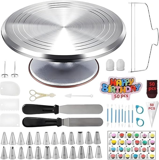 198 Pcs Cake Decorating Kit with Aluminium Alloy Cake Turntable,24 Numbered Icing Piping Tips,2 Couplers,2 Cake Spatulas,3 Comb Scrapers,8 Carved Pens, 50 Pastry Bags,50 Cake Flags