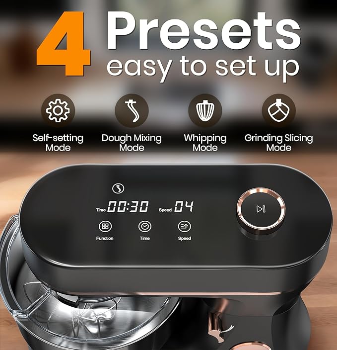 Stand Mixer 6QT Kitchen Mixer with LED Smart Touchscreen, 11-Speed Tilt-Head Mixer with Timer, 4 Preset Menus, Stainless Steel Bowl, Dough Hook, Whisk, Beater,Black