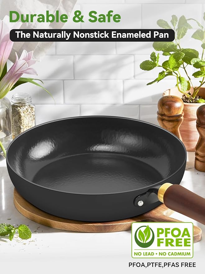 Carbon Steel Skillet, 11-Inch Nonstick Frying Pan, Stay-Cool Wooden Handle, Non Toxic, PTFE & PFOA Free Oven-Safe, Season-Free Enameled Carbon Steel Pan