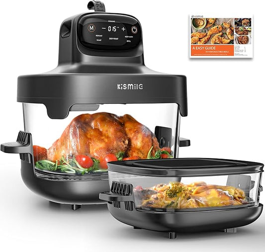 Kismile 5-in-1 Portable Glass Air Fryer, 2.6QT & 4.7QT Dual Glass Containers with Lids, 85% Less Oil, Compact Smart Air Fryer Oven for Deep Roast, Crisp, Keep Warm – Freezer & Dishwasher Safe