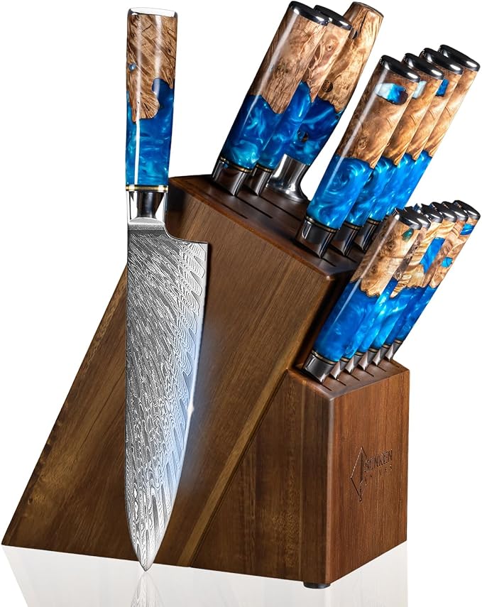 SENKEN 15-Piece Damascus Knife Block Set - "Tsunami" Collection Japanese Chef Knife Set - 67-Layer Japanese VG10 Steel Blades, Includes Chef Knife, Cleaver, 6 Steak Knives (15-Piece Knife Block Set)