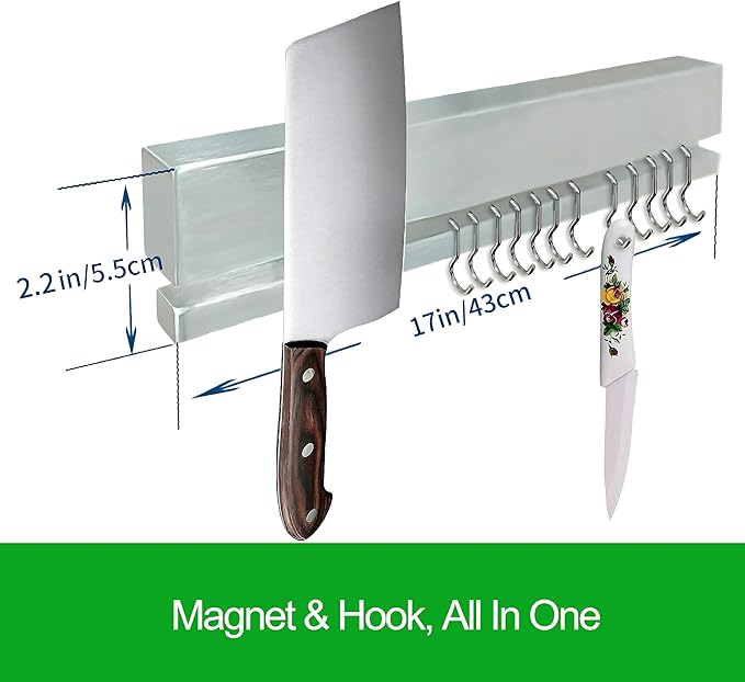 Strong Magnetic Knife Holder for Wall, 17 Inch No-Drill Knife Strip with 12 Hooks & Adhesive, Holds Kitchen Utensils & Tools - YIIYIIN