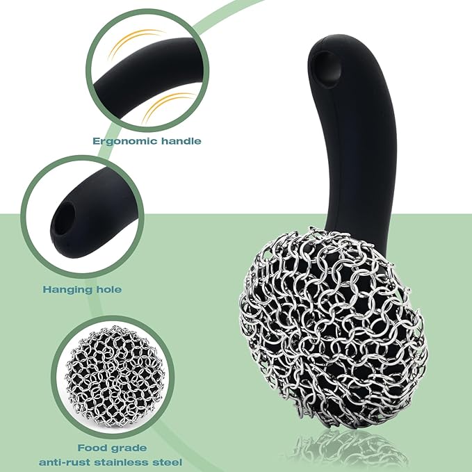 Cast Iron Scrubber with Long Handle | 316 Cast Iron Cleaner Chainmail Scrubber for Cast Iron Pan Skillet Cleaner - Dish Scouring Pad Dishwasher Safe Cleaning Kit (Black, 1 Scrubber + 1 Scraper)