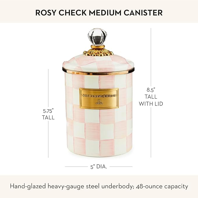 MACKENZIE-CHILDS Medium Enamel Canister, Kitchen Storage Container for Flour and Sugar, 1.42 Liters, Pink-and-White Rosy Check
