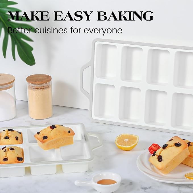 Vinino Silicone Mini Loaf Pans with Metal Reinforced Frame-2 Pack, Non-stick Silicone Bread Pan for Baking 8-Cavity, Tiny Banana Bread Set, Dishwasher Safe Brownie Pan-Gray