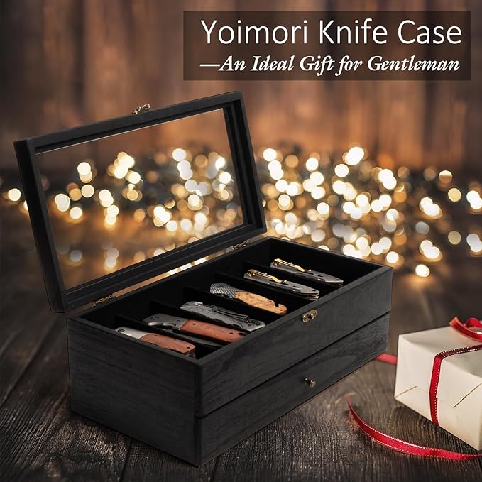 Knife Display Case, 2-Layer Pocket Knife Case Display & Storage Knives, Solid Wood Knife Case for Collections, Gift for Boyfriend Fathers Day Birthday Gifts(Black)