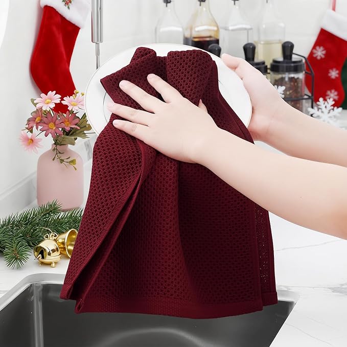 Homaxy 100% Cotton Waffle Weave Kitchen Dish Towels, Ultra Soft Absorbent Quick Drying Cleaning Towel, 13 x 28 Inches, 4-Pack, Burgundy