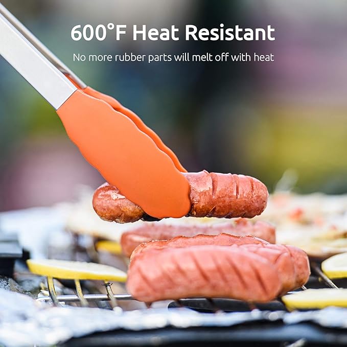 Kitchen Tongs, U-Taste 7/9/12 inches Cooking Tongs, with 600ºF High Heat-Resistant Non-Stick Silicone Tips, 18/8 Stainless Steel Handle, for Food Grill, Salad, BBQ, Frying, Serving, Pack of 3(Orange)